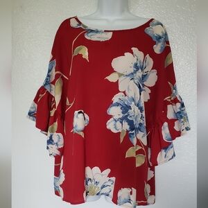 Red Floral Ruffled Bell Sleeves Boho Blouse Size 2 XL